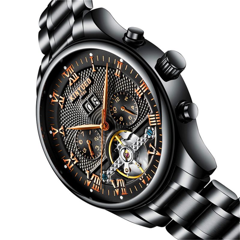 

Wristwatches KINYUED Top Automatic Mechanical Men Watches Casual Business Tourbillon Male Wrist Watch Homme Montre Clock+Box, Leather brown