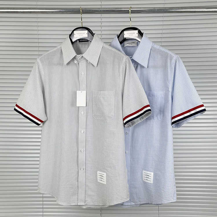 

Txxw 2022 Fashion Design Brands Tb Thom Shirts Men Slim Fit Short Sleeve Casual Striped Shirt Summer Turn Down Collar Cotton Men' Clothing, Gray