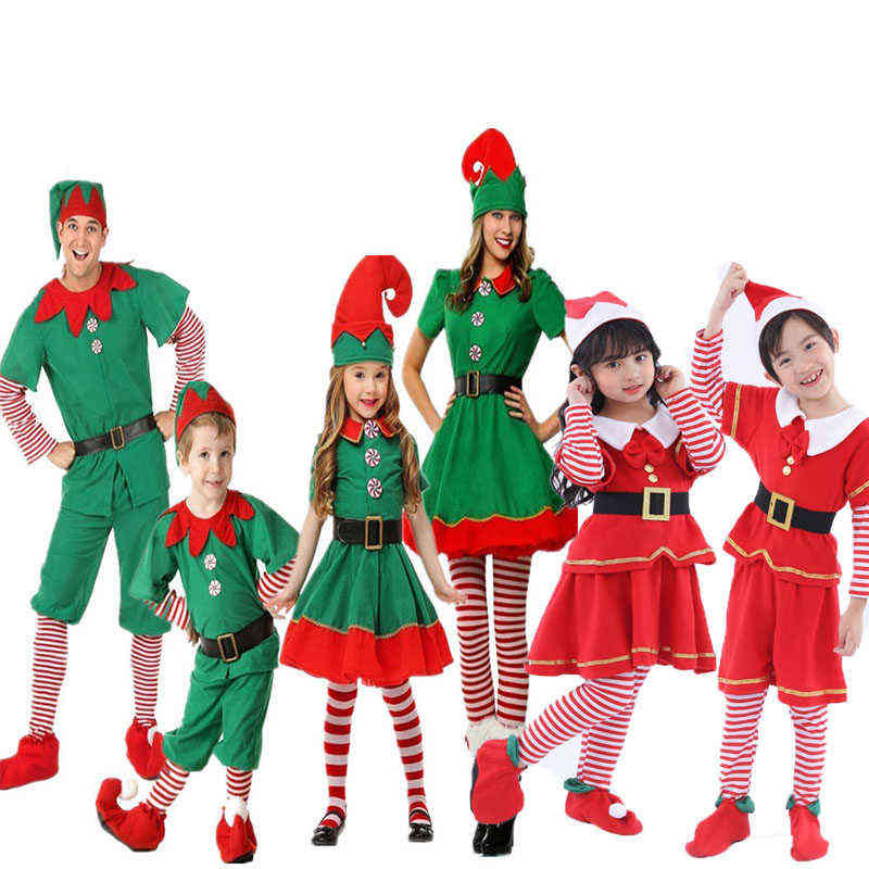 

Boys Girls Kid Halloween Come Children Elf Santa Claus Clothes Parent-child Sets Adult Red Green Christmas Clothing L220715, V1