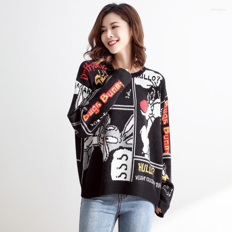 

Women's Sweaters Harajuku Vintage Women Cartoon Jacquard Knitted Sweater Autumn Winter Loose Pullovercute Coat Outwear JacketWomen's Perf22, Black