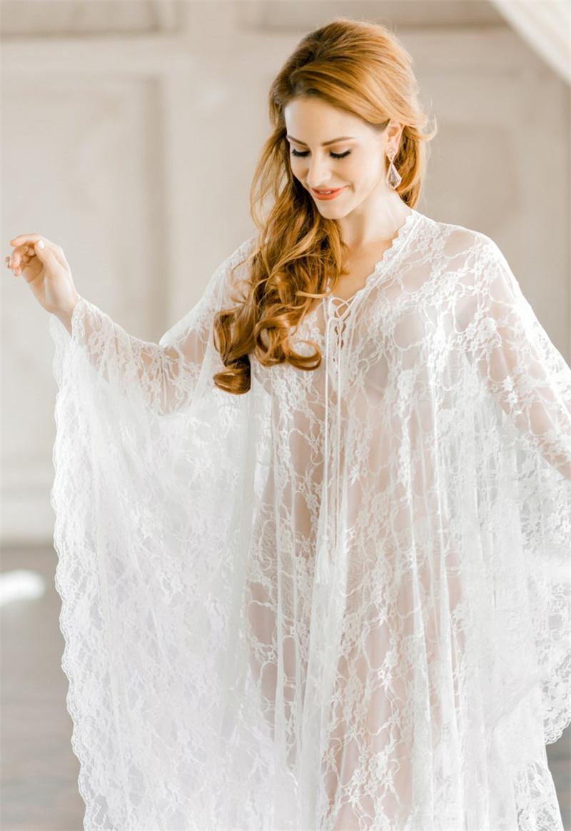 

Women's Sleepwear Free Size Sexy Lace Nightgown Sleeping Dresses V-neck See Through Robe Beach, White