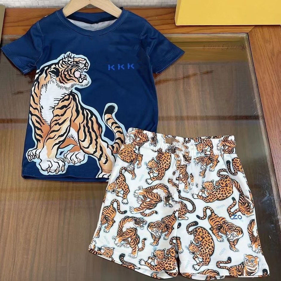 

baby Designer Sets Childrens T-shirt Kids set Clothe Short Sleeve With Tigers Print Shorts Suit Brand Boys Clothing Cotton 90-160 White Blue
