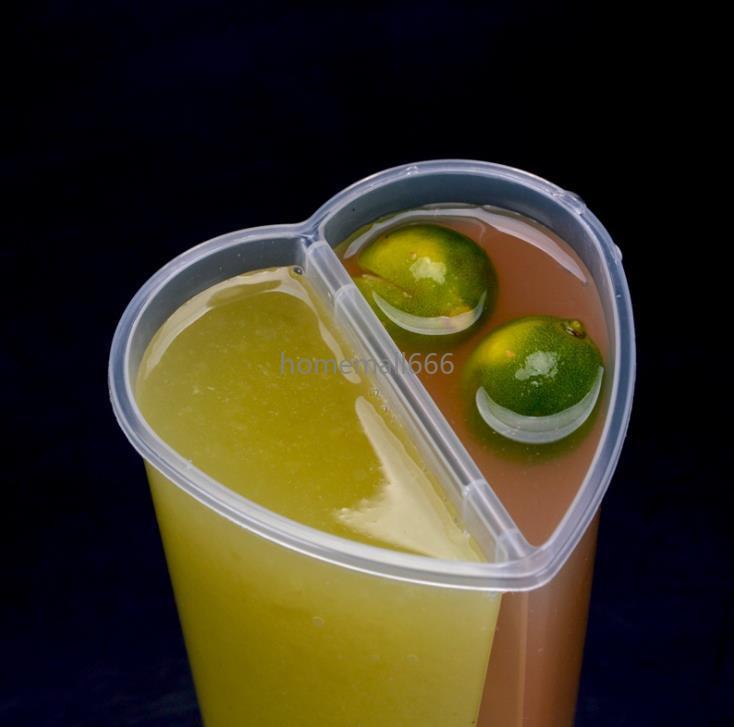 

600ML Heart Shaped Double Share Cup Transparent Plastic Disposable Cups with Lids Milk Tea Juice Cups for Lover Couple AA