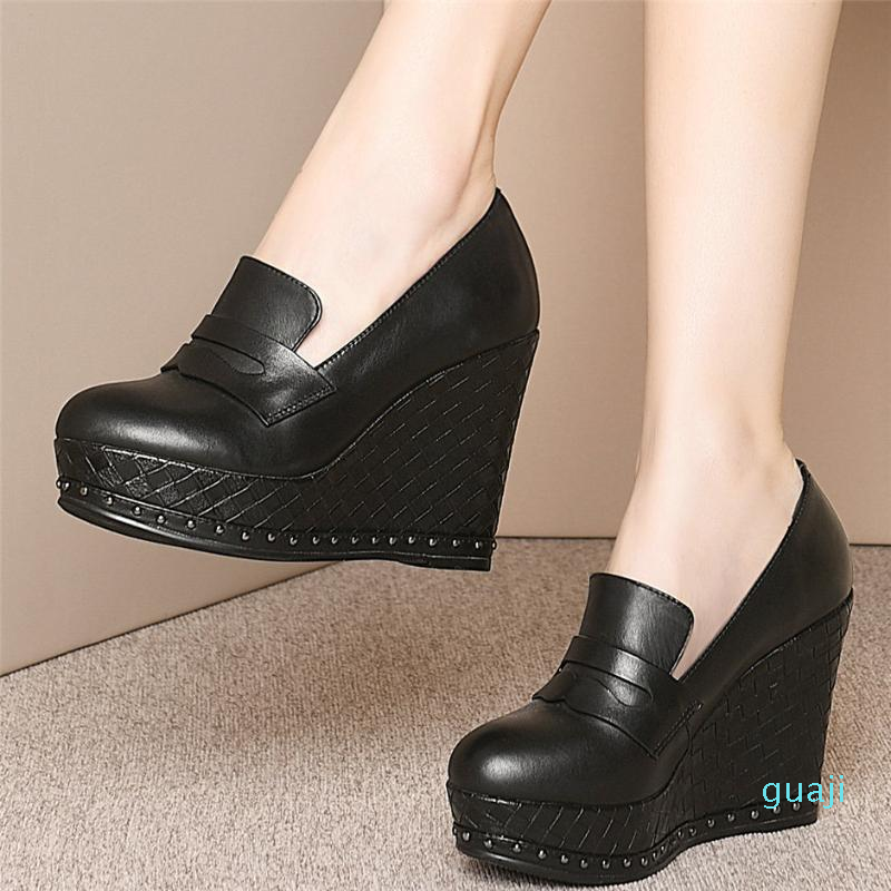 

Dress Shoes Chunky Platform Oxfords Women Genuine Leather Wedges High Heel Pumps Female Slip On Round Toe Mary Jane Casual, Black