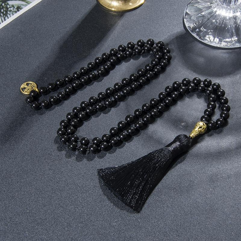 

Pendant Necklaces Mala Beaded Necklace With Golden Tree Of Life 8mm Black Onyx Knotted Meditation Prayer Japamala Jewelry For Men And WomenP