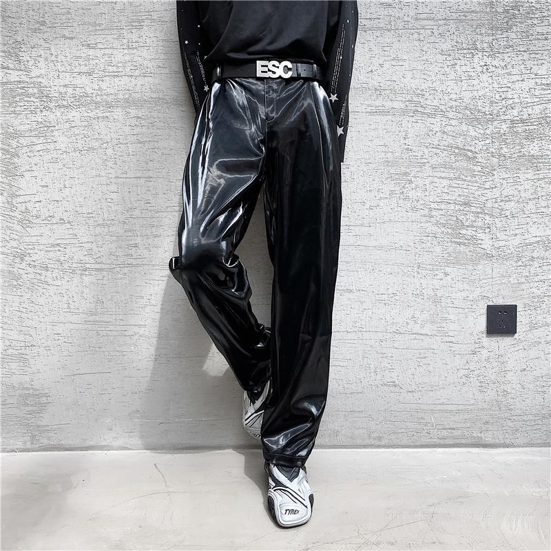 

Men's Suits & Blazers Korea Fashion Spring Net Trend Personality Streetwear Bright PU Leather Trousers Side Tight Waist Loose Casual Pants, Black
