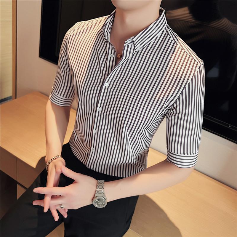 

Men's Casual Shirts High Quality Summer Business Half Sleeve Striped For Men Clothing 2022 Slim Fit Chemise Homme Formal Wear 4XL-MMen's, Black