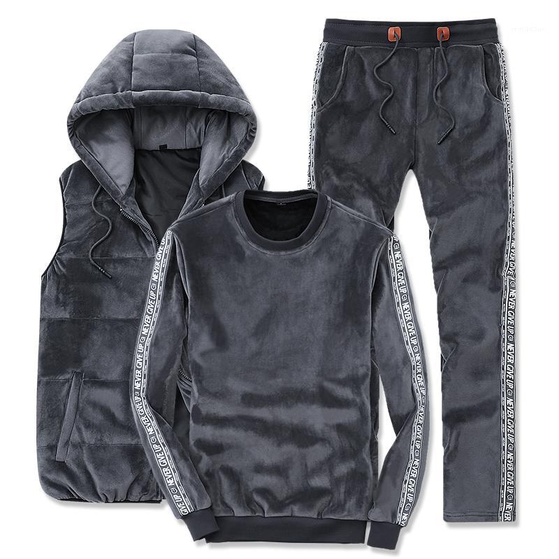 

Plus Size -4XL Gold Velvet 3 Piece Set Sportswear Men Suit Side Letters Stripes Sports Hooded Vest Tracksuit Pants, Red set 2680