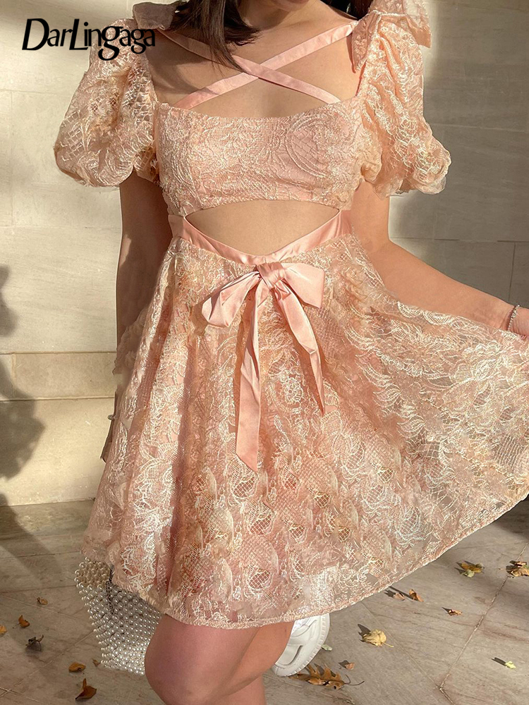 

Square Neck Elegant Puff Sleeve Party Dress Female Fashion Chic Lace Up Bow Summer Dresses Cut Out Princess Sundress, Orange