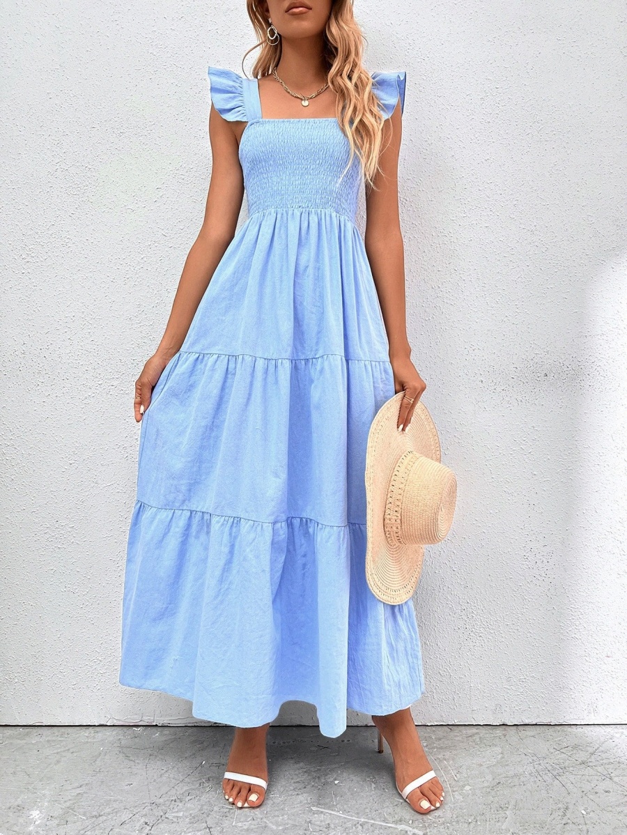 

shirred Bodice Ruffle Hem Dress Z8PV#, Baby blue