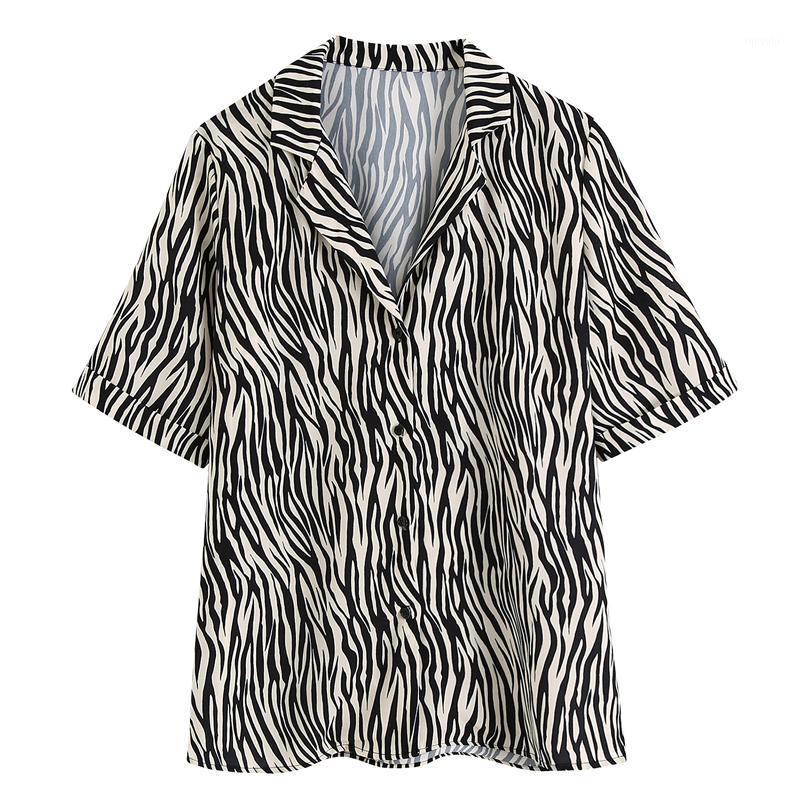 Women's Blouses & Shirts Elina Casual Turn Down Collar Women Fashion Loose Zebra Printed Elegant Short Sleeve Tops Female Ladies EAA