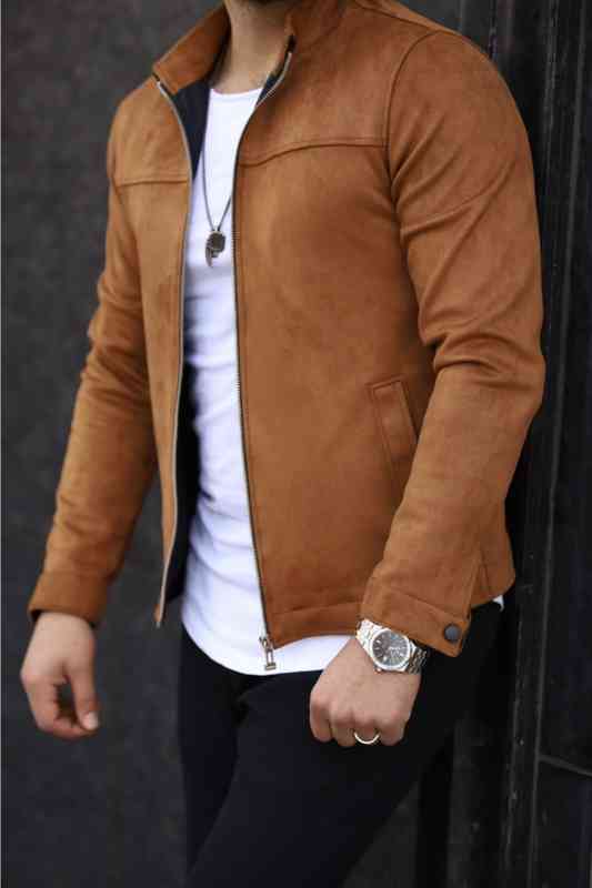 

Male Tan Brown Suede Spring Style Collar Coat, Beige