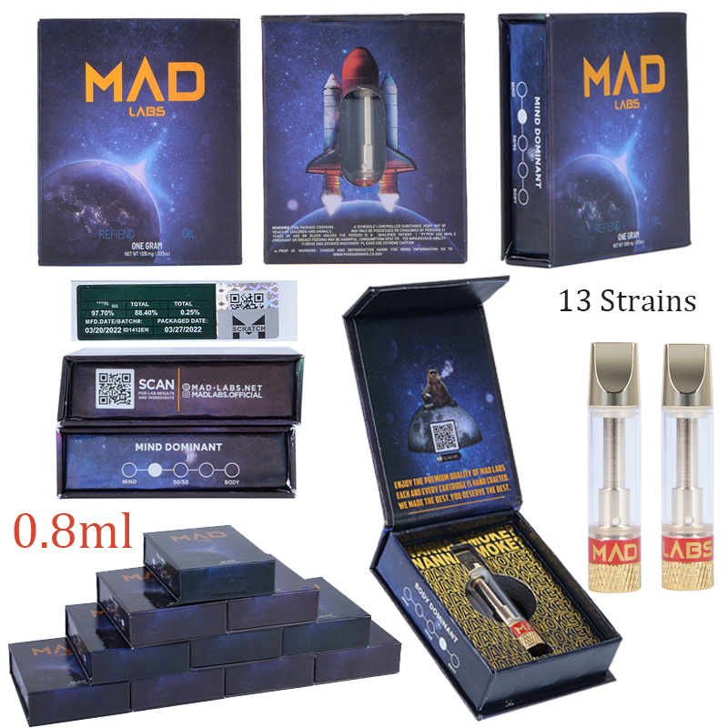 

13 Strains MAD Labs Atomizers Vape Cartridges Packaging 0.8ml Ceramic Coil Dab Wax Glass Tank Gold Thick Carts 510 Thread Atomizer Empty Vapes Pen E Cigarettes