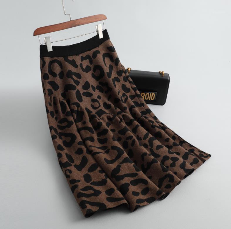 

Women Wool Knit Winter Vintage Leopard Elastic High Waist Elegant Work Office A-Line Midi Skirt Korean Jupe Femme Skirts, Apricot