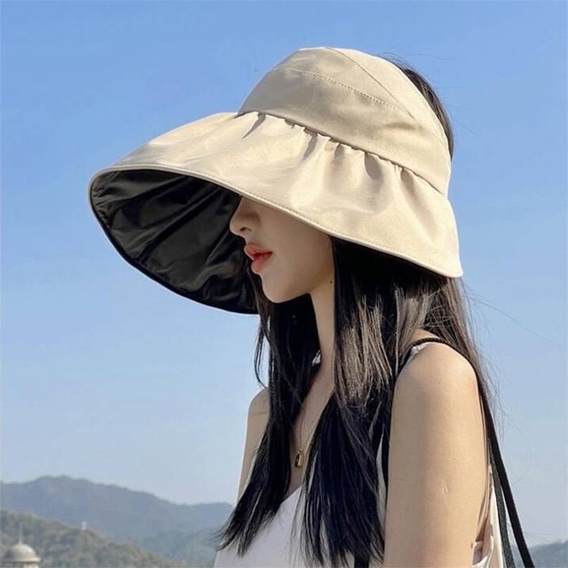 

YOYOCORN summer pearl adjustable big heads widebrimmed beach UV protection packable sun visor hat with 220615, Beige