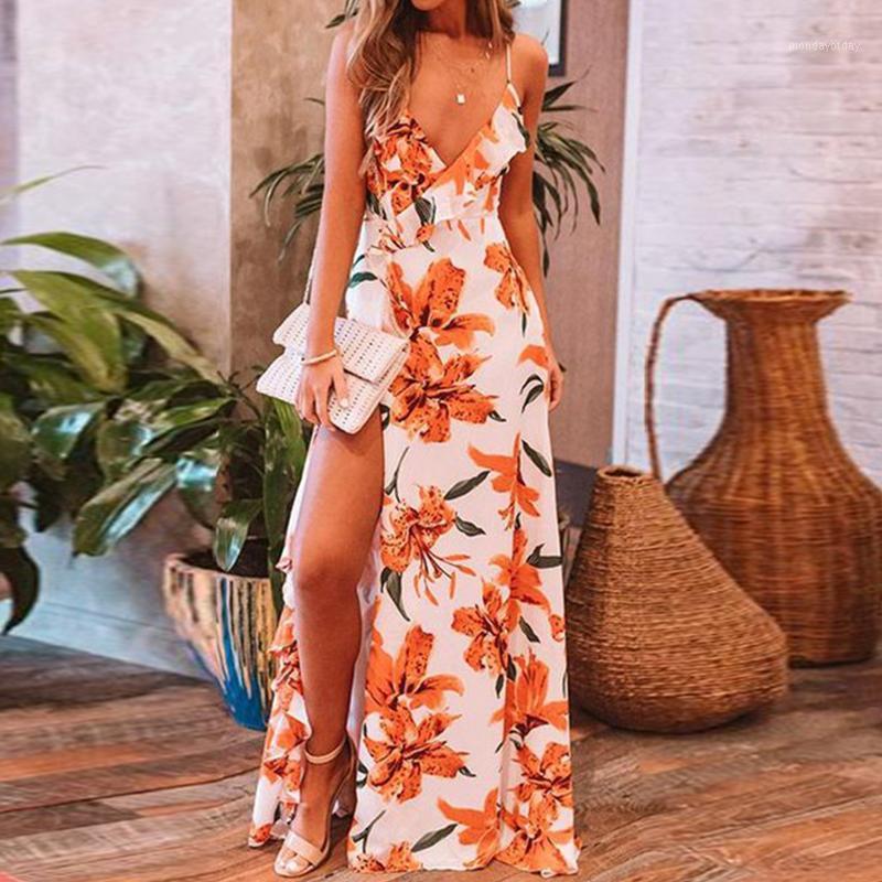 

Casual Dresses Floral Print Sexy Backless Spaghetti Strap V Neck Slit Maxi Dress Women Sleeveless Summer, Orange