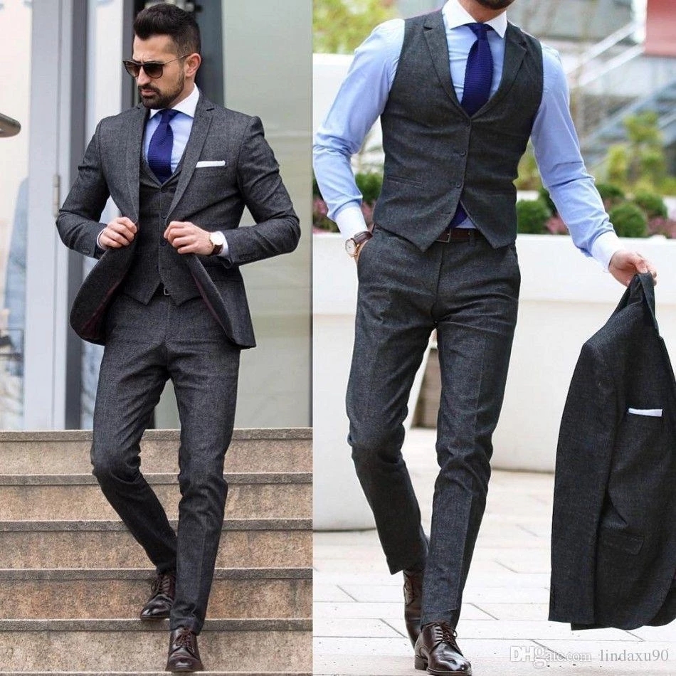 Men's Tweed Dark Gray 3 Piece Suits Formal Slim Tuxedos Vintage Tailored Fit Formal Best Man Suits Jacket Pants vest