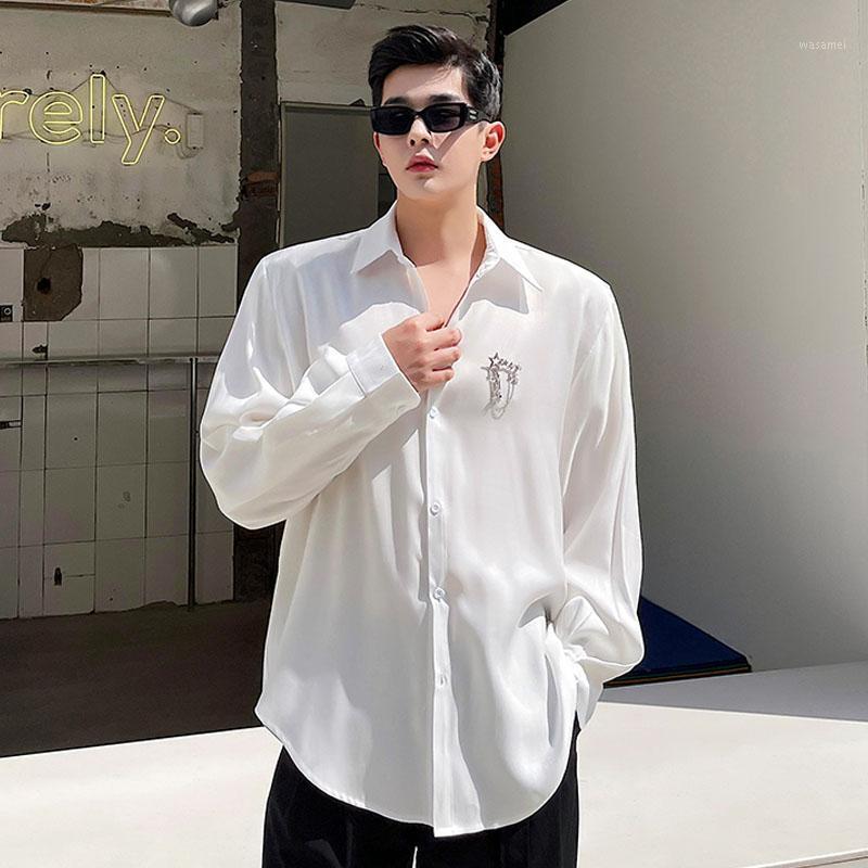 

Men's Casual Shirts Male Korean Streetwear Handsome Fashion Dress Shirt Brooch Long Sleeve Loose Solid Color Top Man, H1191 white