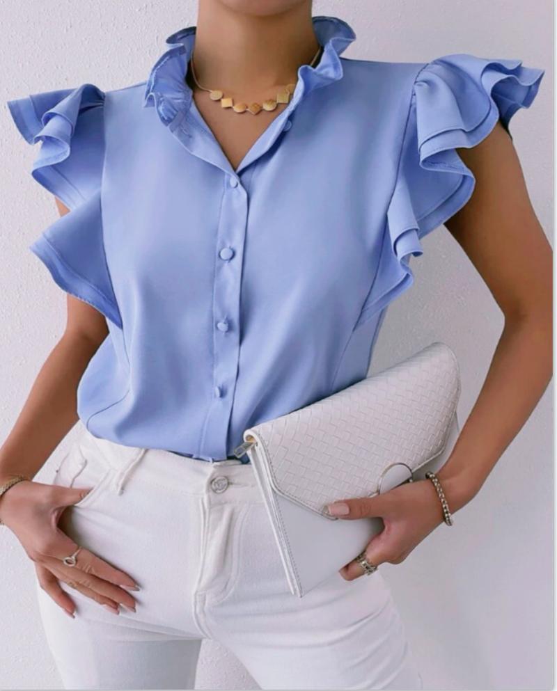 

Women' Blouses & Shirts Summer Casual Solid Button Blouse Fashion V-Neck Tops Ladies Spring Elegant Butterfly Sleeve Blusa StreetwearWomen, White