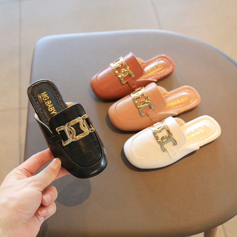 

New Girls 2022 Fashion Slippers Summer Kids Metal Chain Pu Anti-slip Soft Princess Indoor Outdoor Shoes Beach Slipper Baby Shoes, A1