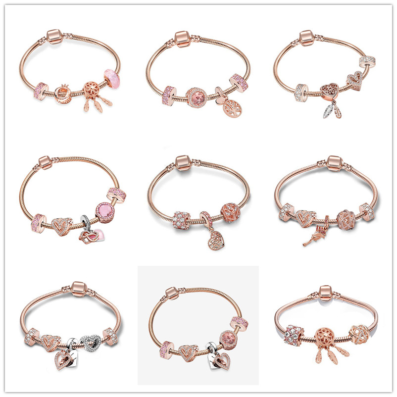 

Sterling Silver Beaded Bracelet Luxury Jewelry Set Rose Gold Hot Air Balloon Original Fit Pandora Bracelet DIY Fashion Diamond Heart Pendant Gift For Women 16-21CM