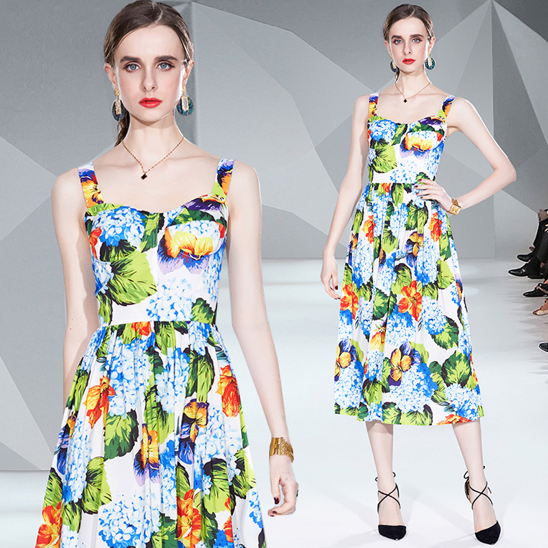 Summer Sexy Slim Party Floral Dress Woman Designer Casual Vacation Suspenders Slim A-Line Prom Cocktail Dresses 2022 Runway Women Backless Pleate-image-763323317