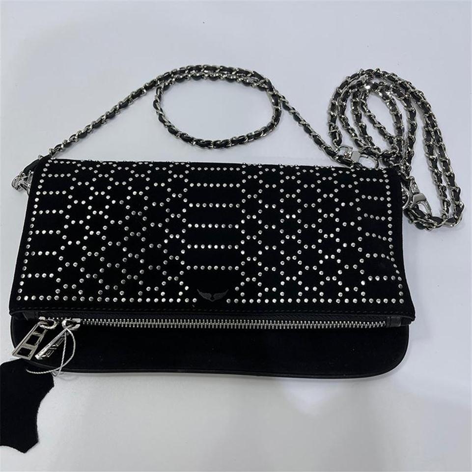 Sacs de soirée Zadig Voltaire de luxe pour femmes en cuir réel en cuir sac à épaule noir noire deux chaînes ailes décorées messager sac297i