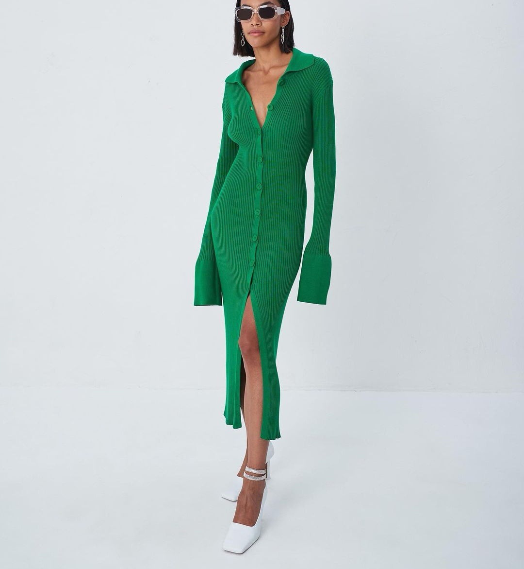 Shell Sleeve Ribbed Buttons Down Maxi Dress Women Fashion Long Sleeve Button V Neck Sweater Female Autumn Winter 2022 Party VestidosCasua