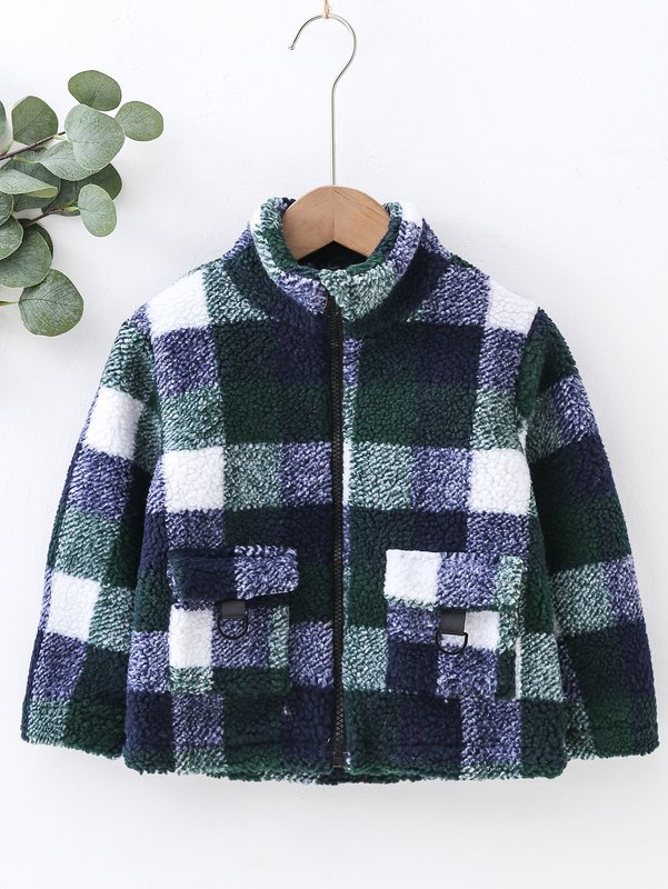 

Toddler Boys Plaid Flap Pocket Zip Up Teddy Coat SHE, Multicolor