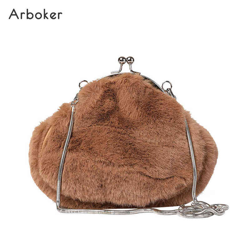 

Luxury Plush Evening Bag Women Faux Fur Handbag Ladies Chain Day Clutch Fashion Crossbody Shoulder Shell Party Purse For Female T220727, Wine