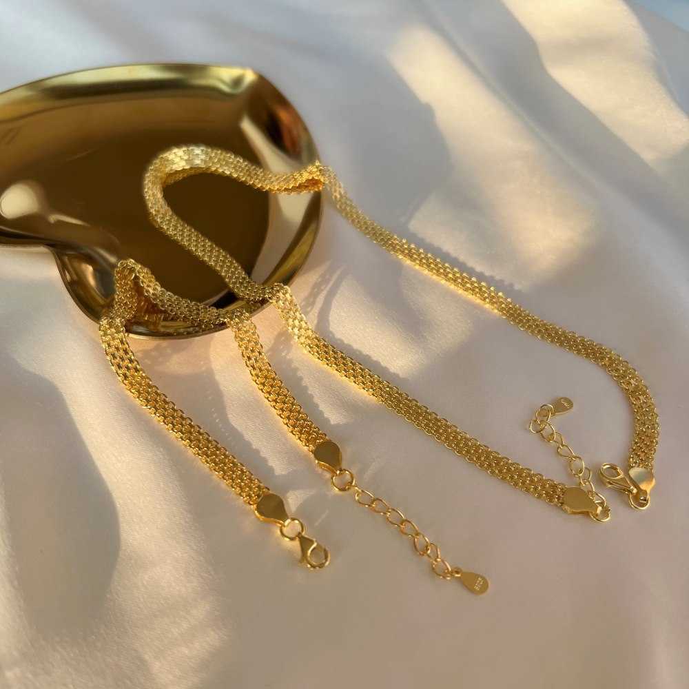 

Sitalin S925 Chains pure two-color silver lace ins hollow woven chocker neck chain bracelet