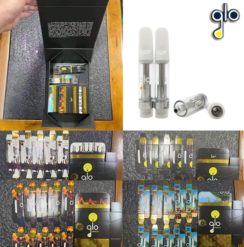 

Newest Glo Extracts Oil Carts 510 Thread Glass Atomizers With Magnetic Display Packaging 0.8ml 1.0ml Ceramic Coil Empty Vape Cartridges No Leak