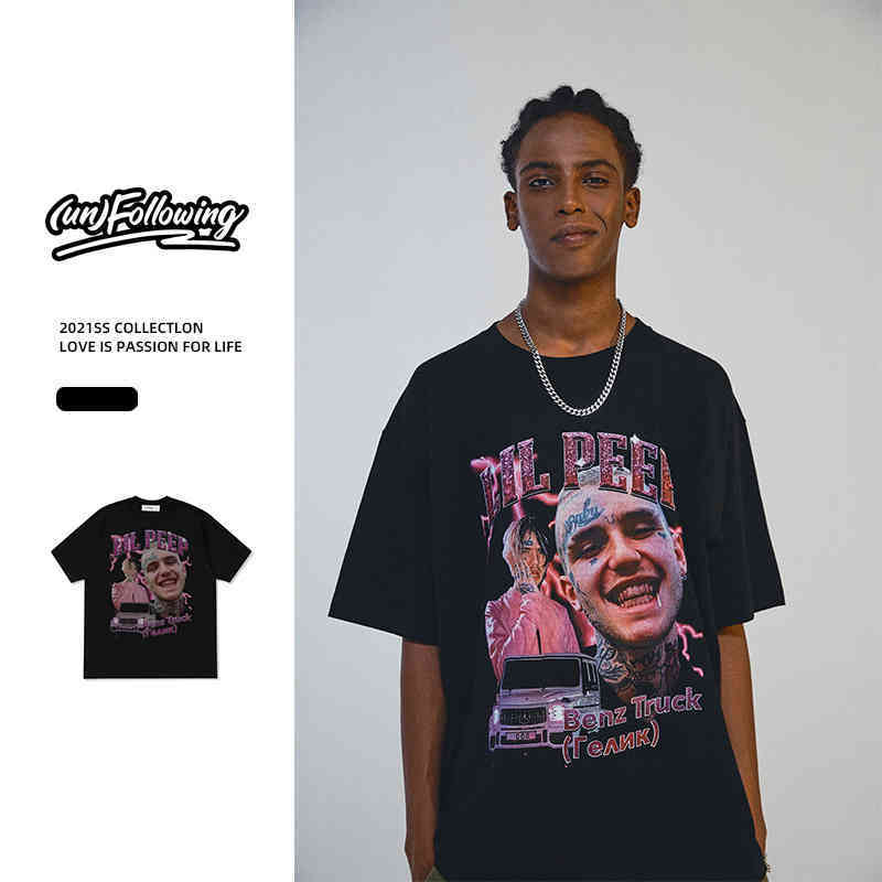 

new dark portrait letter printing short sve loose round neck T-shirt hip hop trend, Black