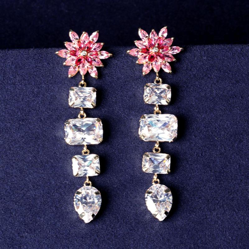 

Dangle & Chandelier Luxury Flower Cubic Zirconia Long Earrings For Women Trendy Crystal Tassel Female Bridal Wedding JewelryDangle