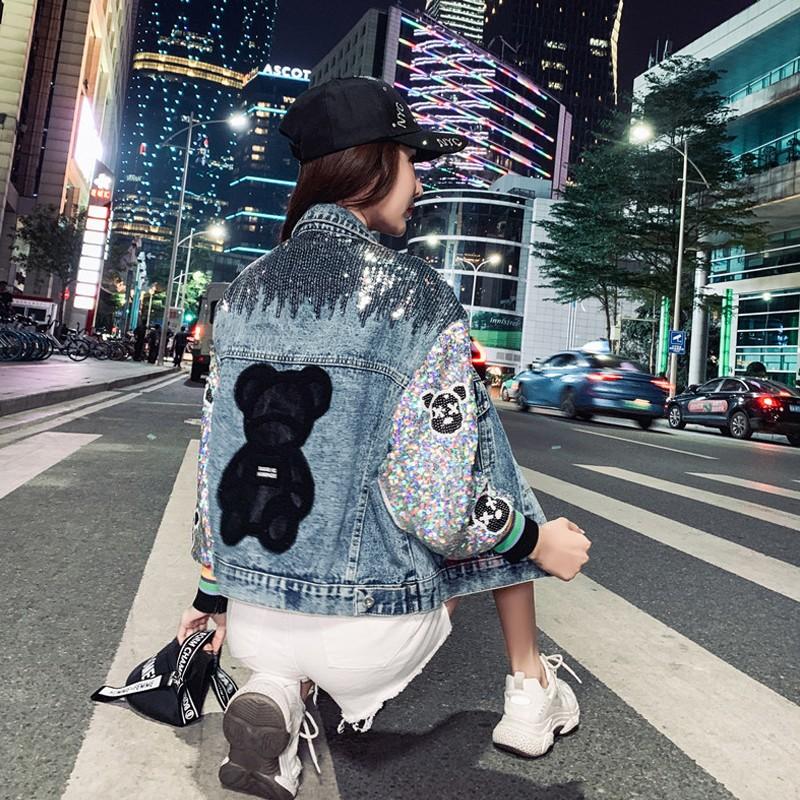 

Women's Jackets Glitter Sleeve Patchwork Cardigan Women Spring Autumn Denim Coat Casual Loose Long Jeans JacketWomen's, As photo