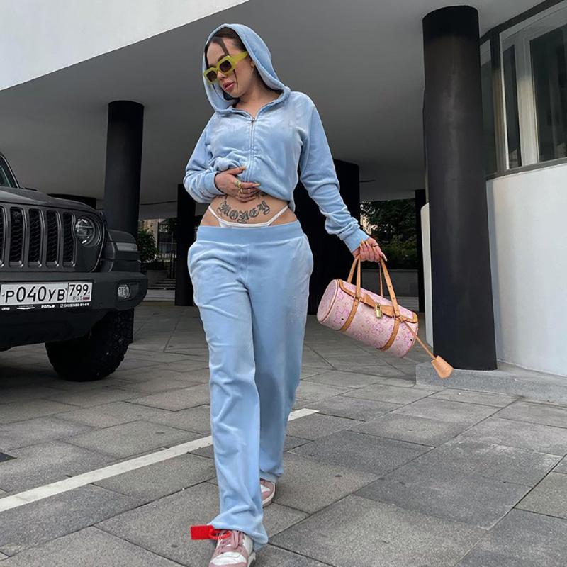 Women's Two Piece Pants Women Velvet Juicy Tracksuit 2 Pieces Set Zipper Hoodies Sweatshirt And Winter Rhinestone Velour Suit