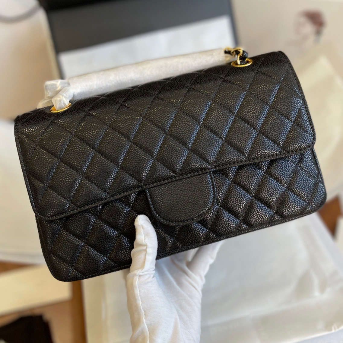 

Womens Top Calfskin Classic Double Flap Bag Caviar Leather Quilted Hardware Chain Multi Pocket Large Capacity Sacoche Bag Luxury Designer Vintage Handbags 25CM, Box