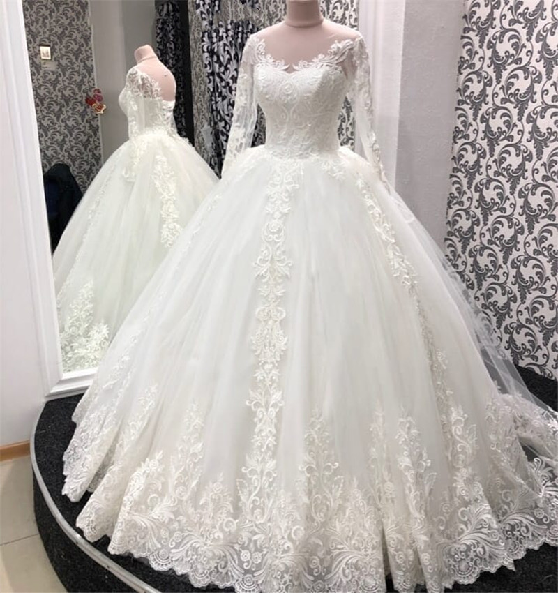 

White Long Sleeves Wedding Dress Lace Appliques Ball Gown Court Train Wedding Dresses Bridal Gowns Vestido De Noivas, Red