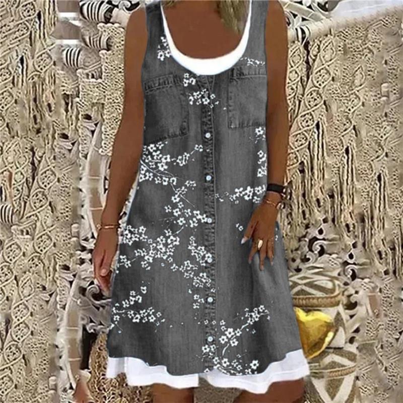 

2xl Women Floral Print Dress Summer Casual Fake Two Piece 3d Digital Printing Sundress Womens O-neck Robe Femme, Dark blue