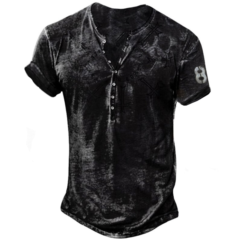 

Bababuy Men Punk Style Short Sleeve T shirt Vintage Button V Neck Loose Tops Fashion Pattern Printed Tee Streetwear 220728, Dt01