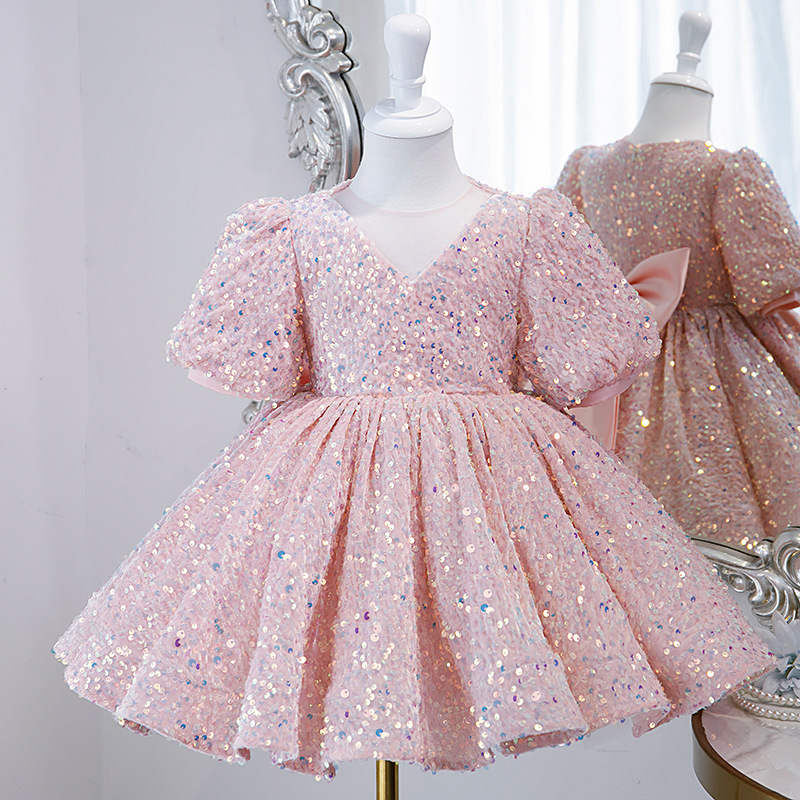 robes de fille à fleurs à paillettes roses avec appliques en dentelle illusion manches courtes filles concours de concours