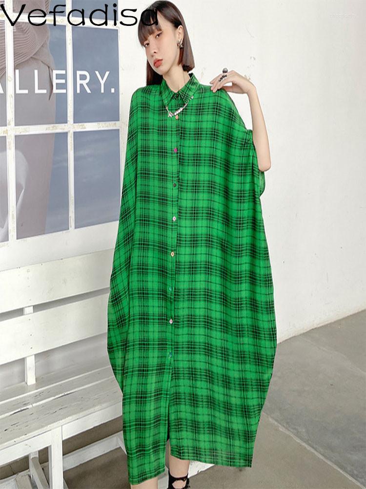 

Women's Blouses & Shirts Vefadisa Women Bat Sleeves Shirt Dress Loose Thin Mid-length Lattice Pattern Single-breasted Green 2022 Summer LHX1