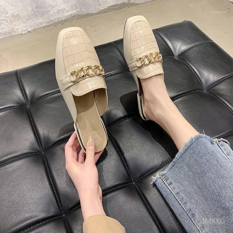 

Slippers Women Slides 2022 Chain Mules Square Toe Ladies Striped Shoes Summer Fashion Footwear Slipper Sapatos De Mujer Plus Size 43, 1beige