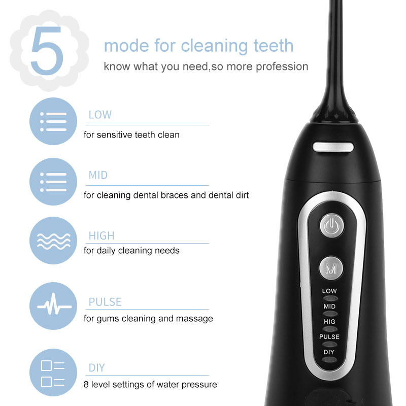 

Oral Irrigator 5 Modes USB Rechargeable Portable Dental Water Flosser Jet 300ml Water Tank Teeth Cleaner 6 Jet Nozzle Raben
