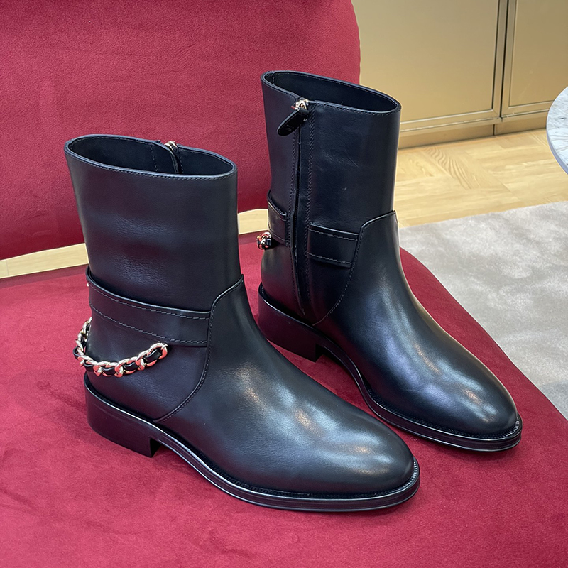 

Brand Boots Designer Ladies Winter Luxury Short Boots Martin Low Heel Round Toe Solid Color Leather Cowhide Motorcycle Boot 35-41, Black