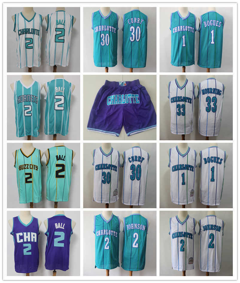 

Men Charlotte''Hornets''Jersey 33 Alonzo Mourning 2 Larry Johnson 1 Bogues 30 Dell Curry 2 LaMelo Ball Basketball Shorts Jerseys, Color