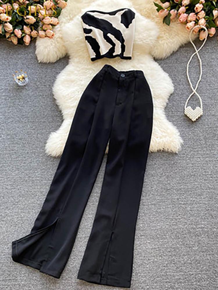 

Women's Two Piece Pants GIRLS Sexy Black 2Pcs Set For Women Sleeveless Strapless Printed Tops Casual Wide Leg Suit Female Summer FashionWome