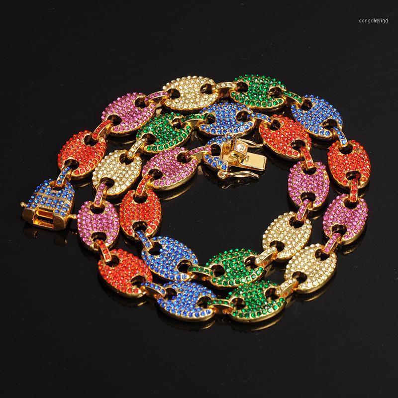 

Jewelry 13MM Iced Out CZ Multi-Colors Coffee Bean Pig Nose Alloy Rhinestone Link Chain Bling Necklaces For Men Women Chains