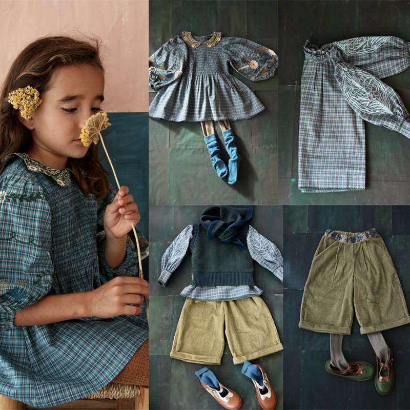 

Girl's Dresses Kids Clothes Shirts Dress Costumes For Girls 2022 BJ Brand Summer Flower Embroidery Plaid Shirt Pants Children's Clothing