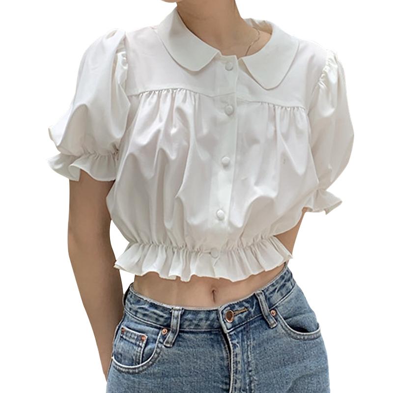 

Women's Blouses & Shirts Kayotuas Women Shirt Summer Lapel Puff Short Sleeve Ruffles Button Down Office Ladies Formal Young Student Crop Top